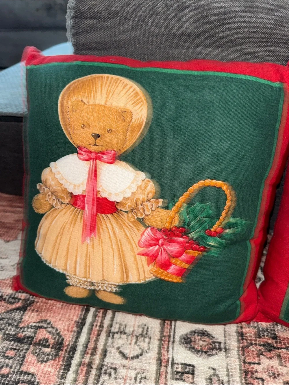 Vintage Christmas  Bear Decorative Pillow Cover Set - Green & Red